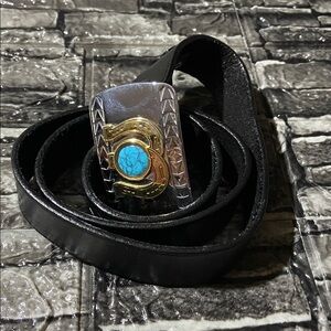 Silver and Gold Tone Belt Buckle with Faux Turquoise Accent on a Leather Belt